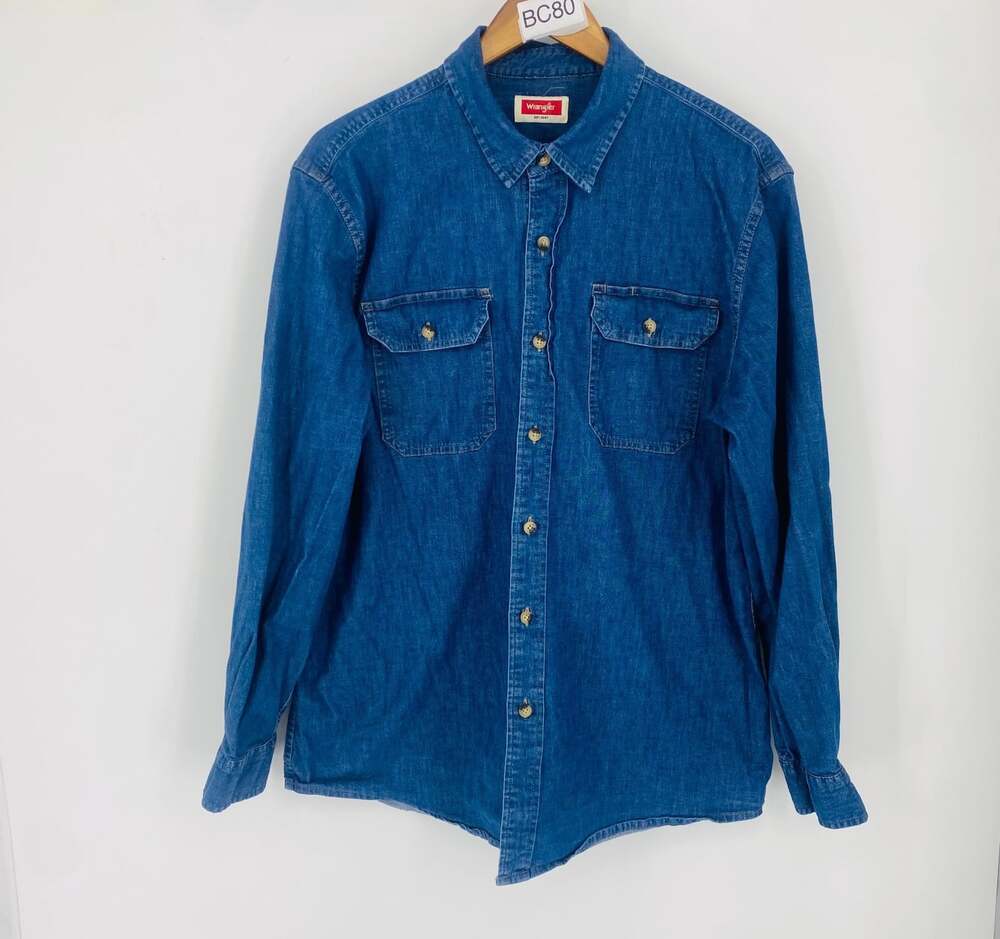 Vintage Wrangler Mens Large Classic Denim Button Up Western Shirt Stretch Cotton